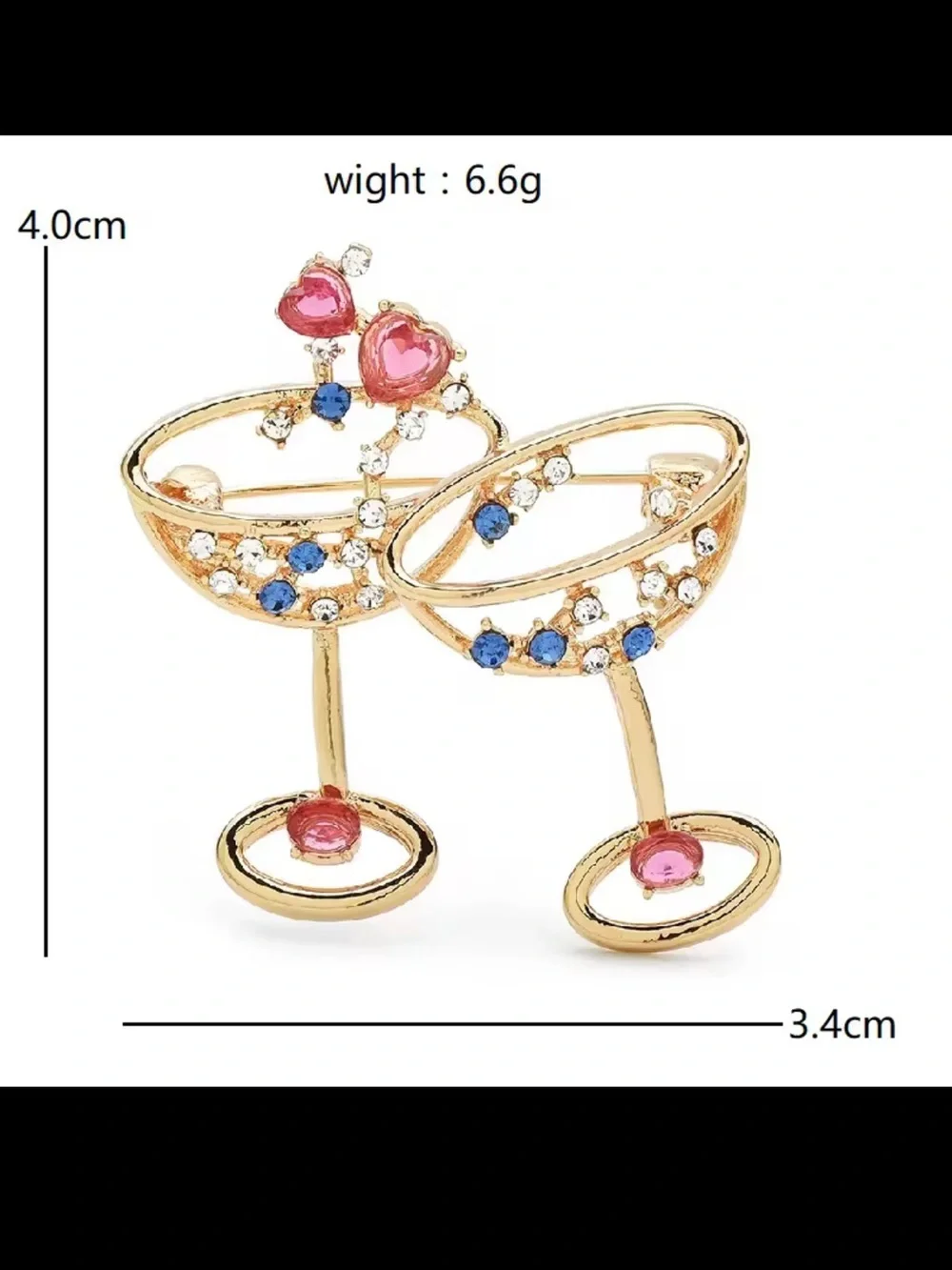 Cocktail Champagne Glass Pair Pink Blue Gems Brooch